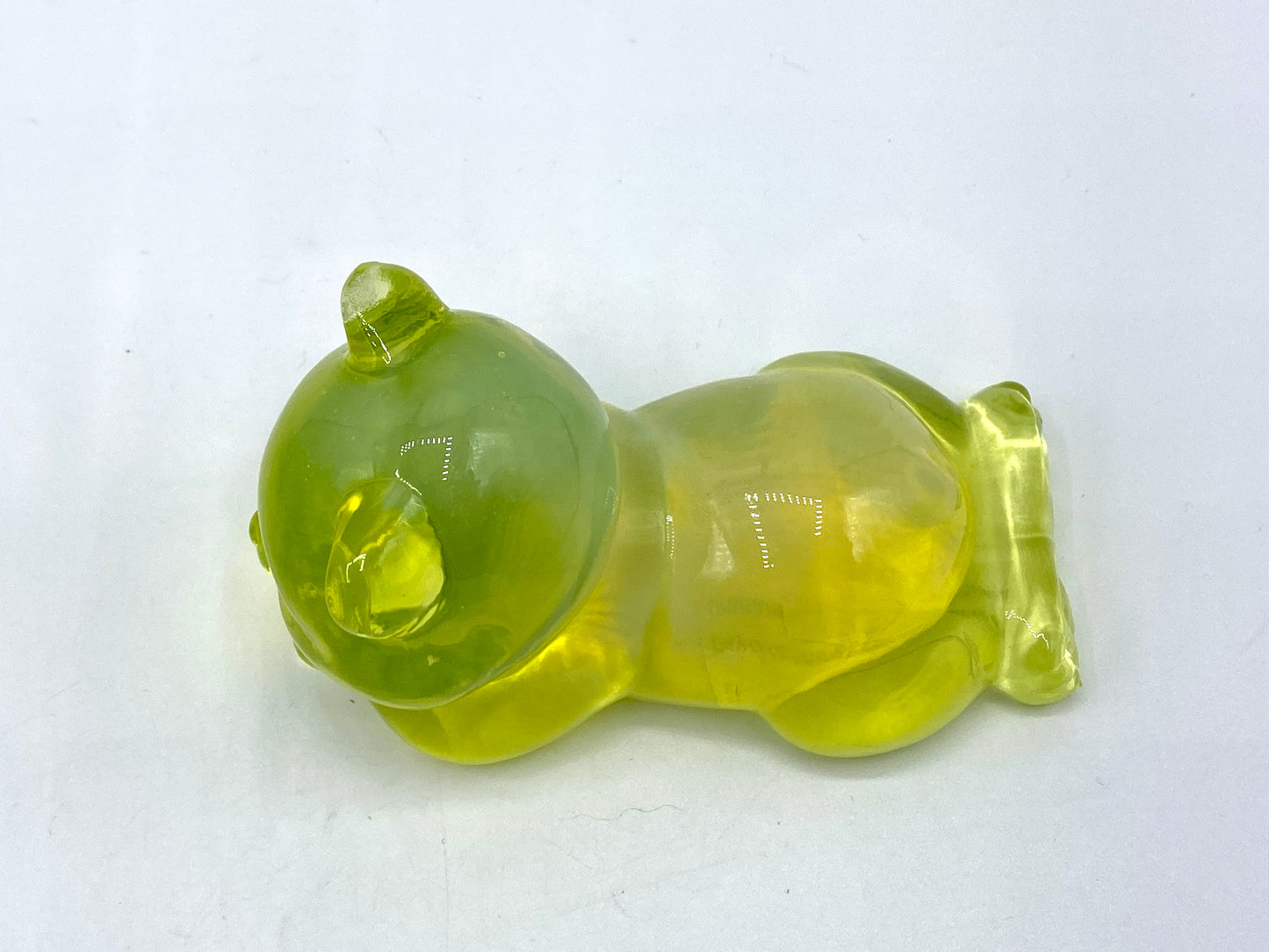 Fenton Vaseline Glass Daydreaming Bear Cub Yellow Opalescent Uranium Glass