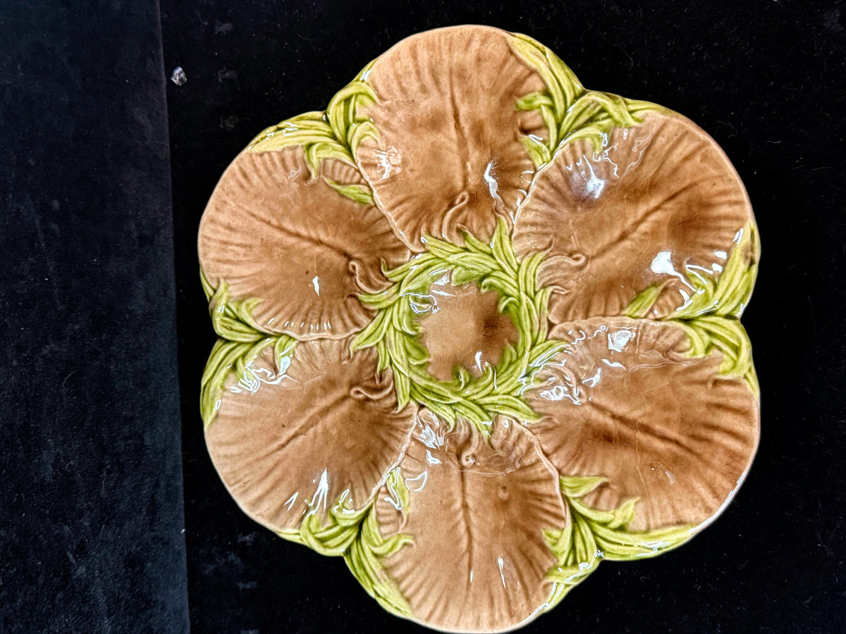 Antique French Majolica Oyster Plate Brown Green Floral 6-Well 8.75" A1247