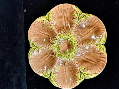 Antique French Majolica Oyster Plate Brown Green Floral 6-Well 8.75" A1247