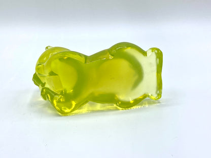 Fenton Vaseline Glass Daydreaming Bear Cub Yellow Opalescent Uranium Glass