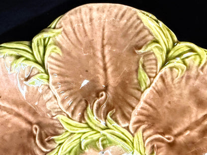 Antique French Majolica Oyster Plate Brown Green Floral 6-Well 8.75" A1247