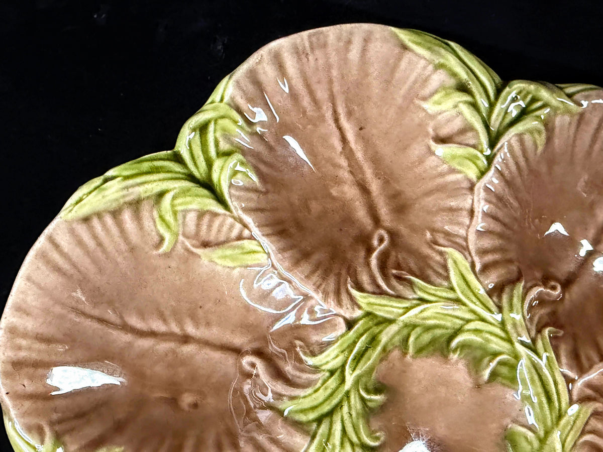 Antique French Majolica Oyster Plate Brown Green Floral 6-Well 8.75" A1247