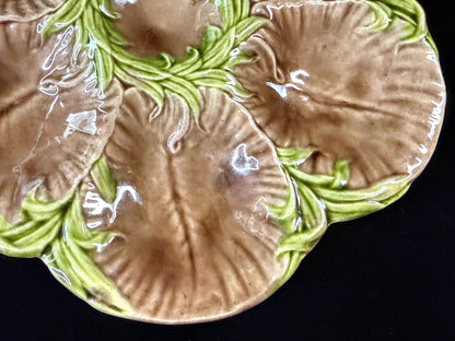Antique French Majolica Oyster Plate Brown Green Floral 6-Well 8.75" A1247