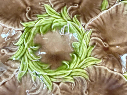 Antique French Majolica Oyster Plate Brown Green Floral 6-Well 8.75" A1247