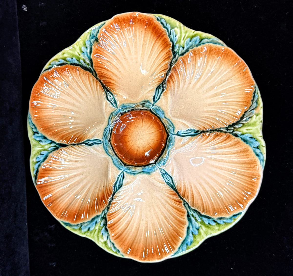 Antique Sarreguemines France Majolica Oyster Plate 6 Wells 9.25" A1048