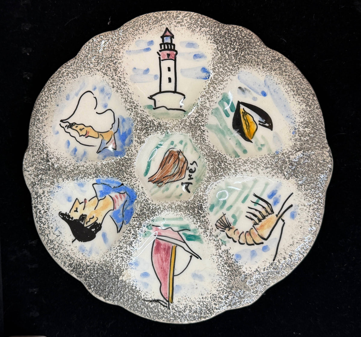 Vintage French Hand Painted Nautical Oyster Plate Lighthouse Sailboats 9.5"A1250