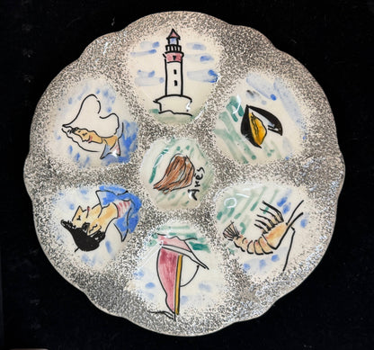 Vintage French Hand Painted Nautical Oyster Plate Lighthouse Sailboats 9.5"A1250