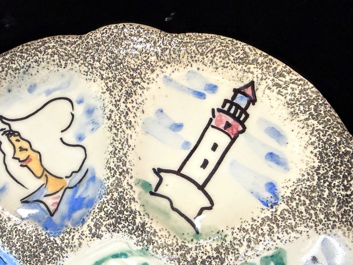 Vintage French Hand Painted Nautical Oyster Plate Lighthouse Sailboats 9.5"A1250