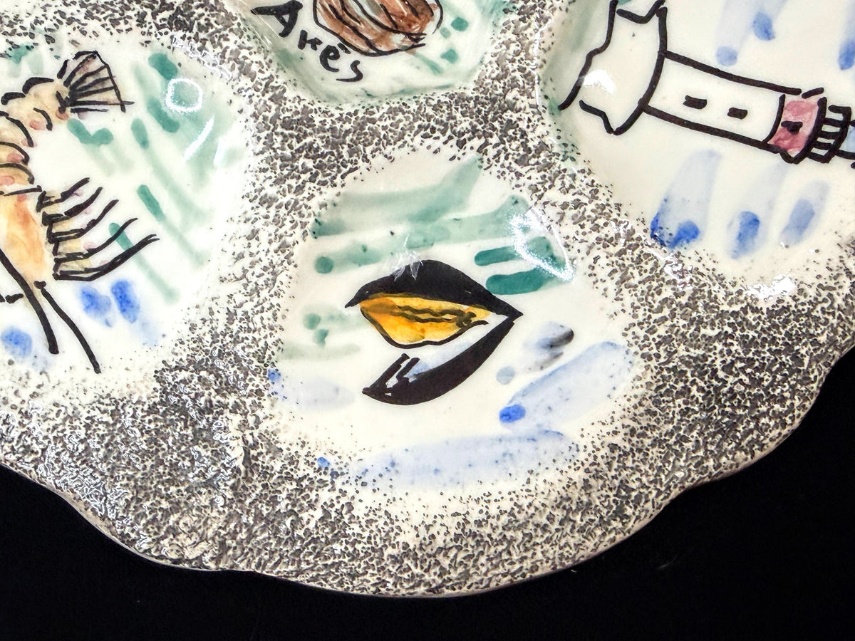 Vintage French Hand Painted Nautical Oyster Plate Lighthouse Sailboats 9.5"A1250