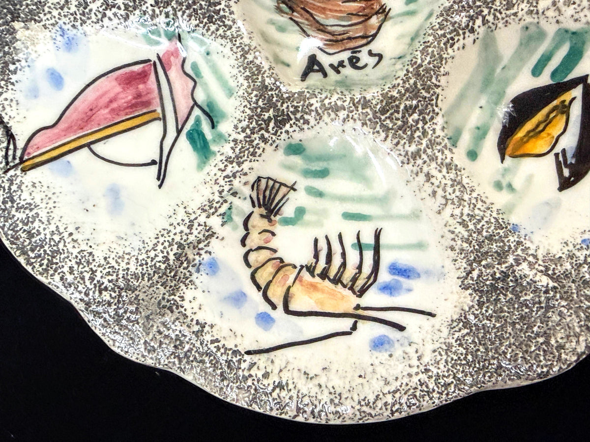 Vintage French Hand Painted Nautical Oyster Plate Lighthouse Sailboats 9.5"A1250