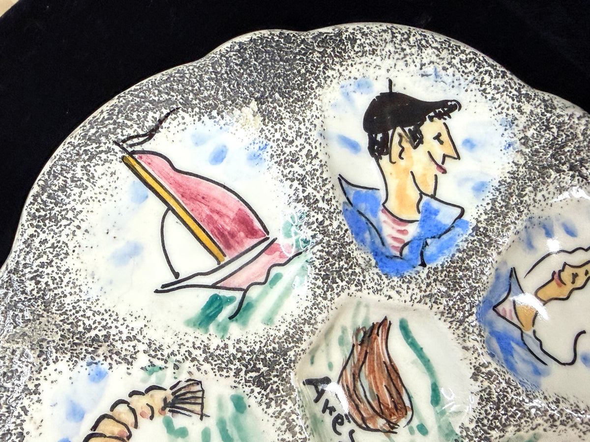 Vintage French Hand Painted Nautical Oyster Plate Lighthouse Sailboats 9.5"A1250