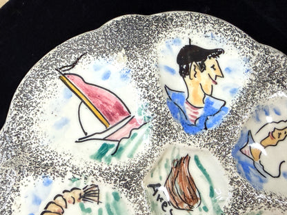 Vintage French Hand Painted Nautical Oyster Plate Lighthouse Sailboats 9.5"A1250
