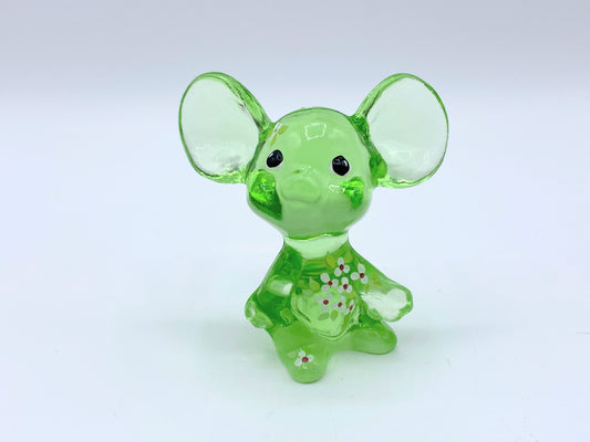 Signed FENTON hand painted Green clear Jelly glass flower mouse