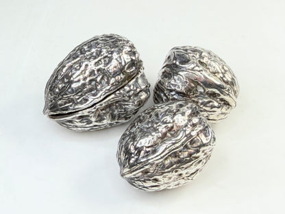 Early century Sterling silver Walnut Box 3pc Set One Opens Lid, Nut Inside SS246