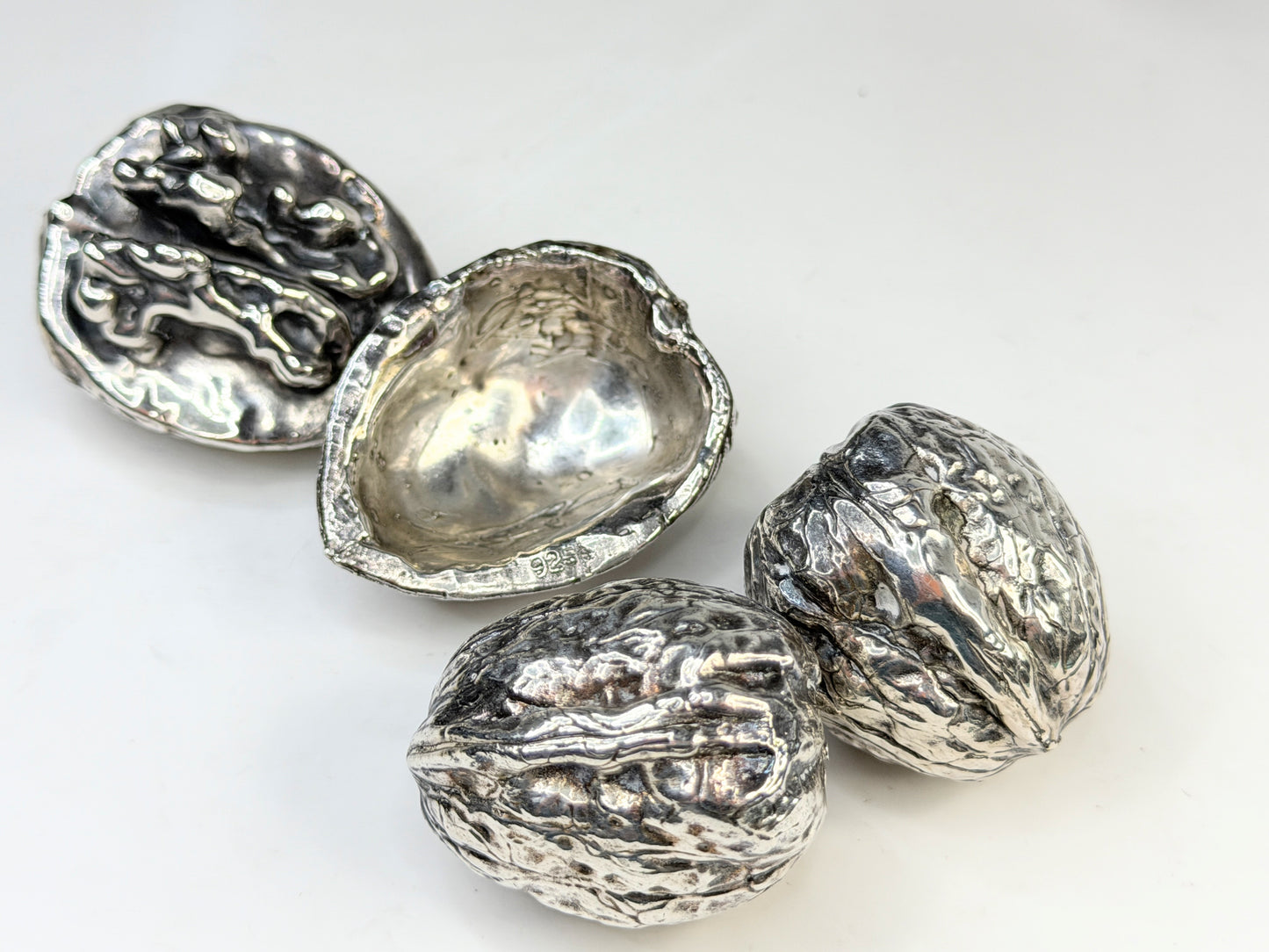 Early century Sterling silver Walnut Box 3pc Set One Opens Lid, Nut Inside SS246
