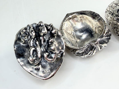 Early century Sterling silver Walnut Box 3pc Set One Opens Lid, Nut Inside SS246