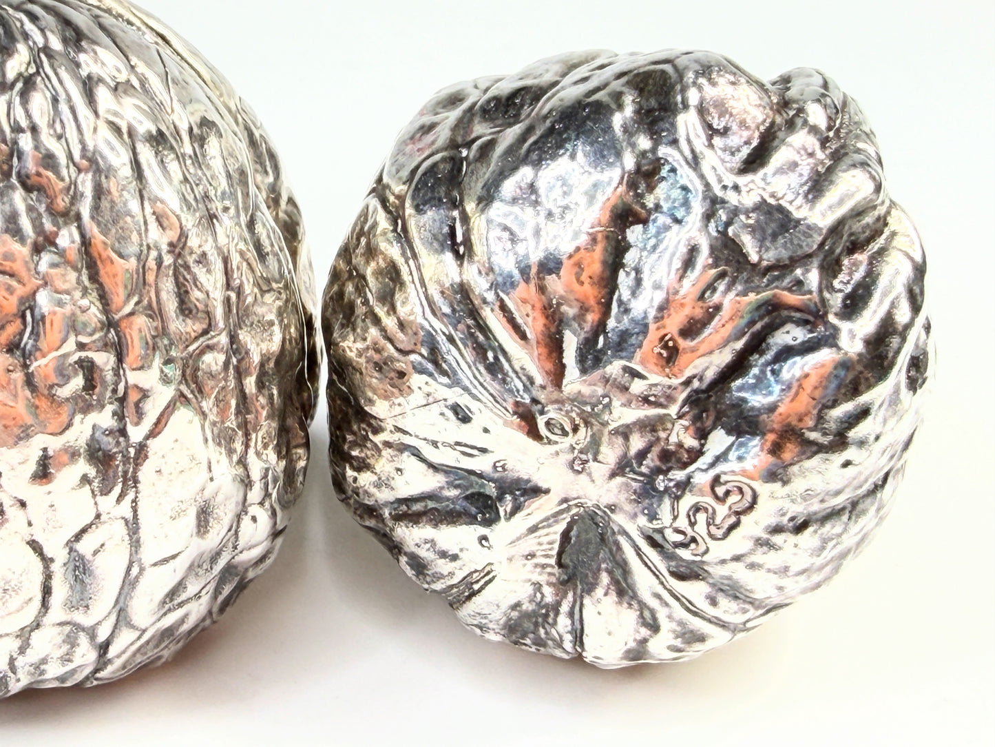 Early century Sterling silver Walnut Box 3pc Set One Opens Lid, Nut Inside SS246