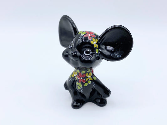 Signed FENTON Ebony black multi color floral Dots on nose Funny Mouse