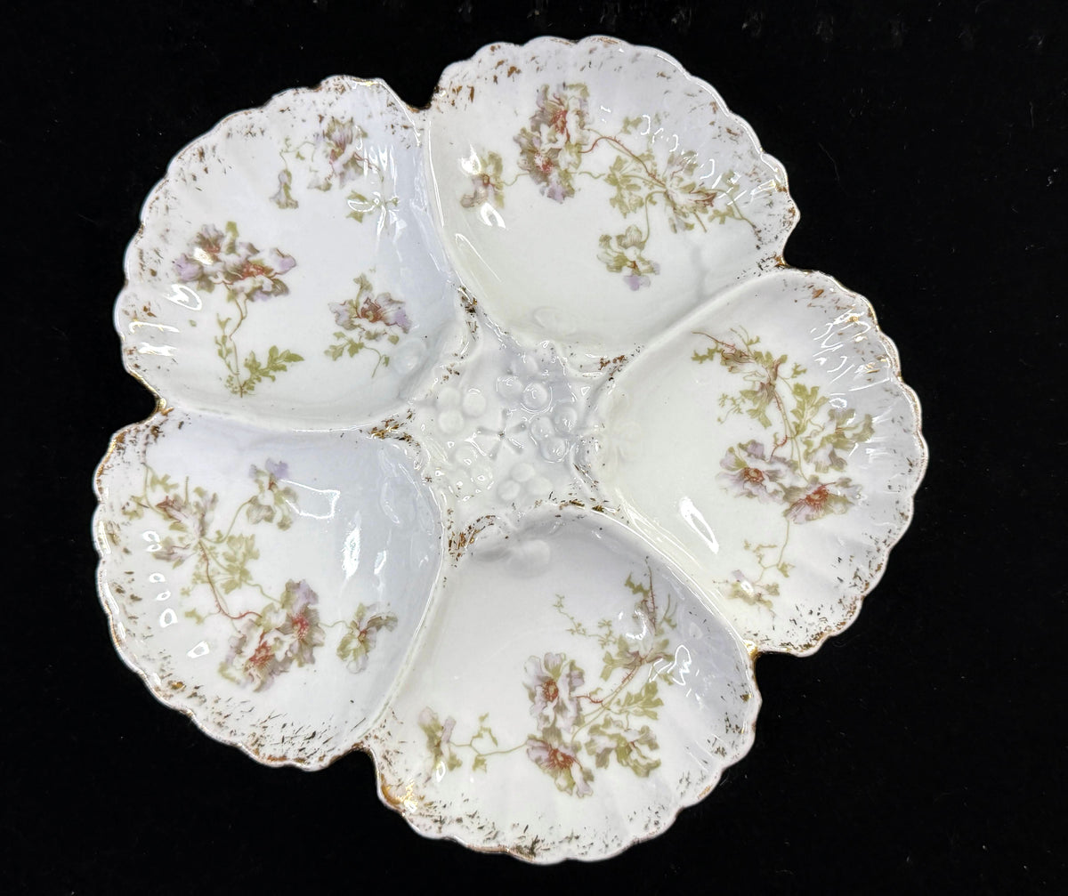Antique 5-Well Floral Oyster Plate Scalloped Gold Trim 8" A1254