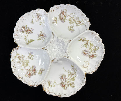 Antique 5-Well Floral Oyster Plate Scalloped Gold Trim 8" A1254