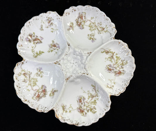 Antique 5-Well Floral Oyster Plate Scalloped Gold Trim 8" A1254