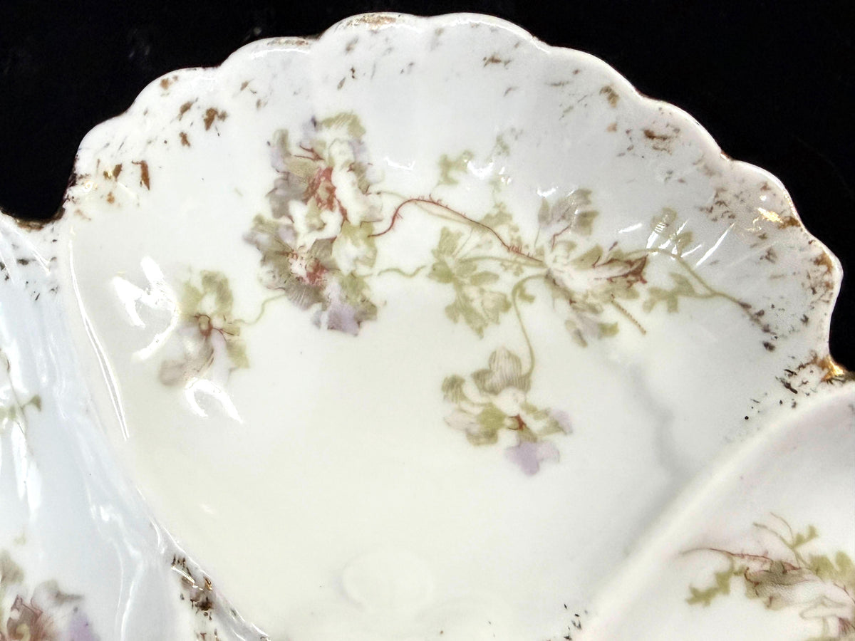 Antique 5-Well Floral Oyster Plate Scalloped Gold Trim 8" A1254
