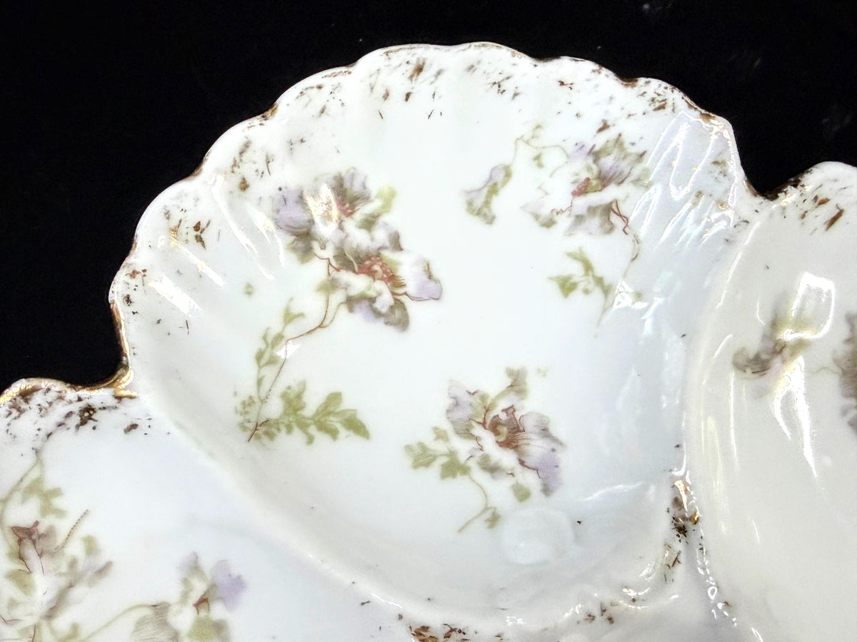 Antique 5-Well Floral Oyster Plate Scalloped Gold Trim 8" A1254