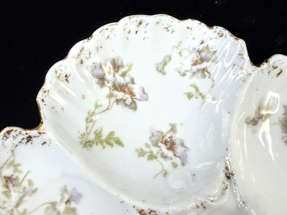 Antique 5-Well Floral Oyster Plate Scalloped Gold Trim 8" A1254