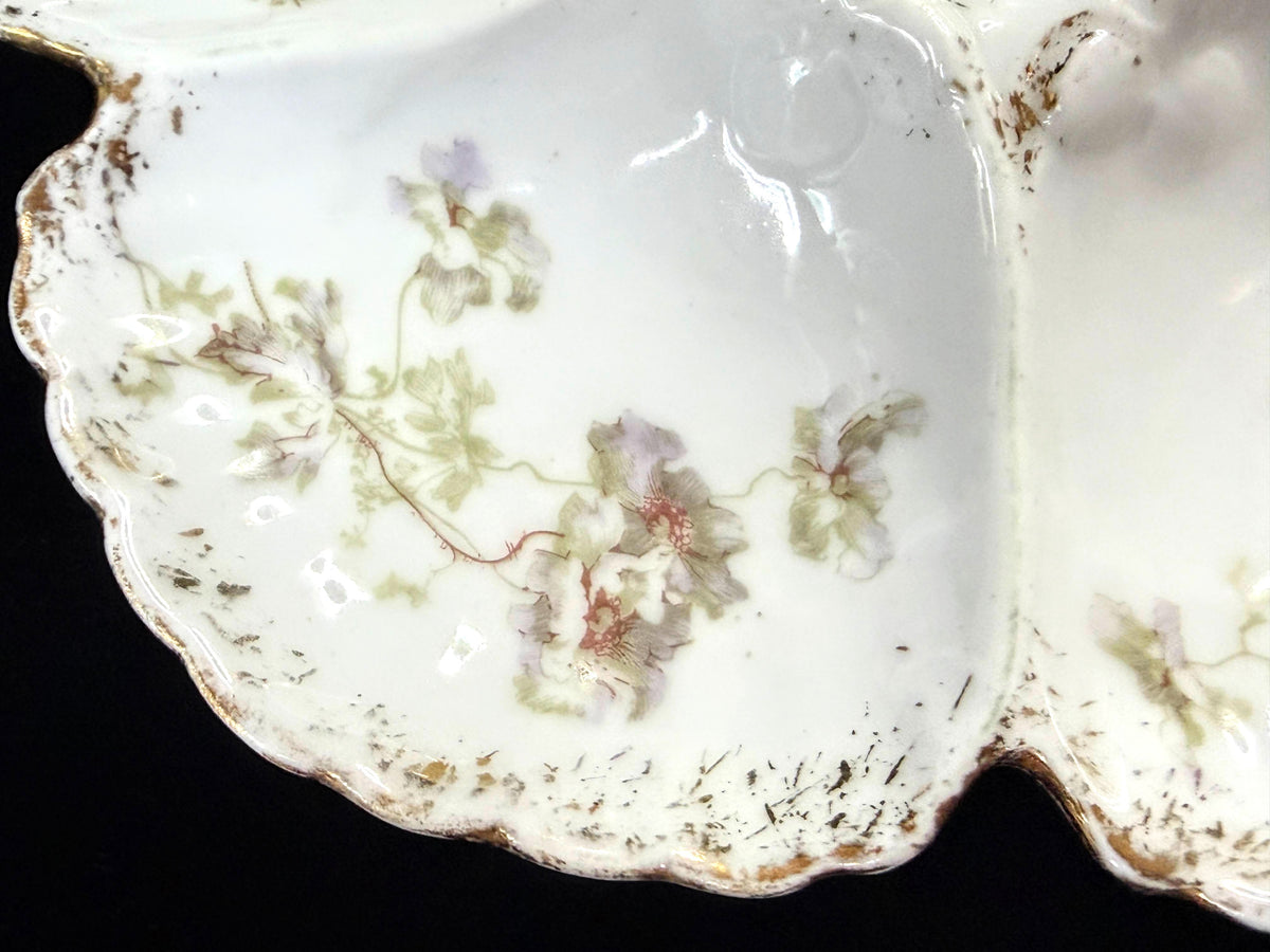 Antique 5-Well Floral Oyster Plate Scalloped Gold Trim 8" A1254