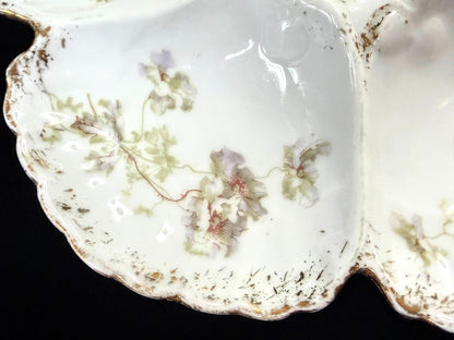 Antique 5-Well Floral Oyster Plate Scalloped Gold Trim 8" A1254