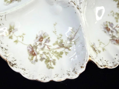 Antique 5-Well Floral Oyster Plate Scalloped Gold Trim 8" A1254