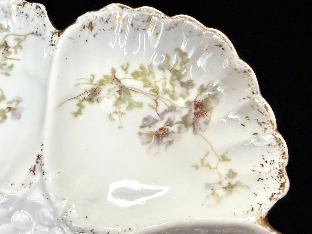 Antique 5-Well Floral Oyster Plate Scalloped Gold Trim 8" A1254