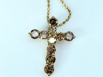 18k yellow gold 1.0ct Champaign color Diamond Cross necklace 2.7g 18.0" JR9741