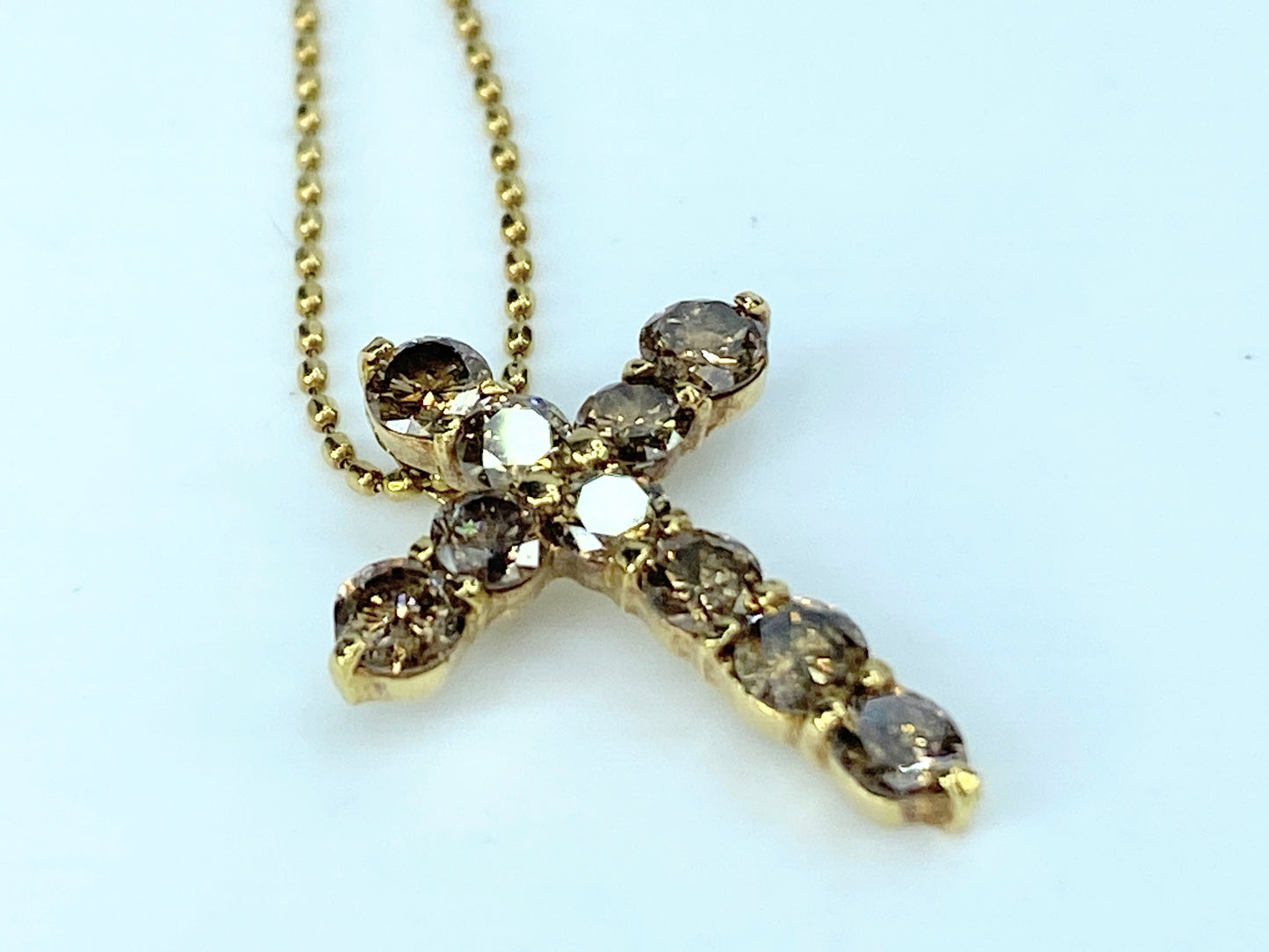 18k yellow gold 1.0ct Champaign color Diamond Cross necklace 2.7g 18.0" JR9741