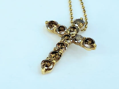 18k yellow gold 1.0ct Champaign color Diamond Cross necklace 2.7g 18.0" JR9741