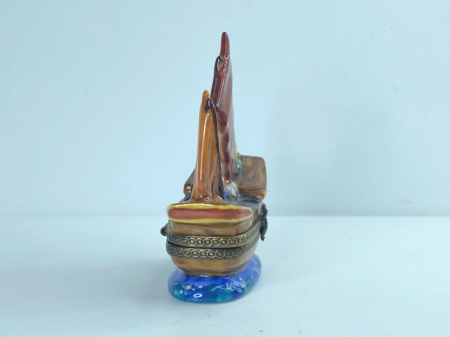 Chanille Limoges Peint Main Trinket Box Chinese Junk Ship #33 2 5/8" A354