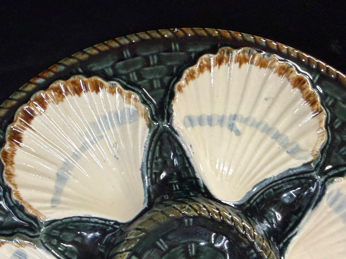 Saint Clement French Majolica Green Basketweave Oyster Plate A1258