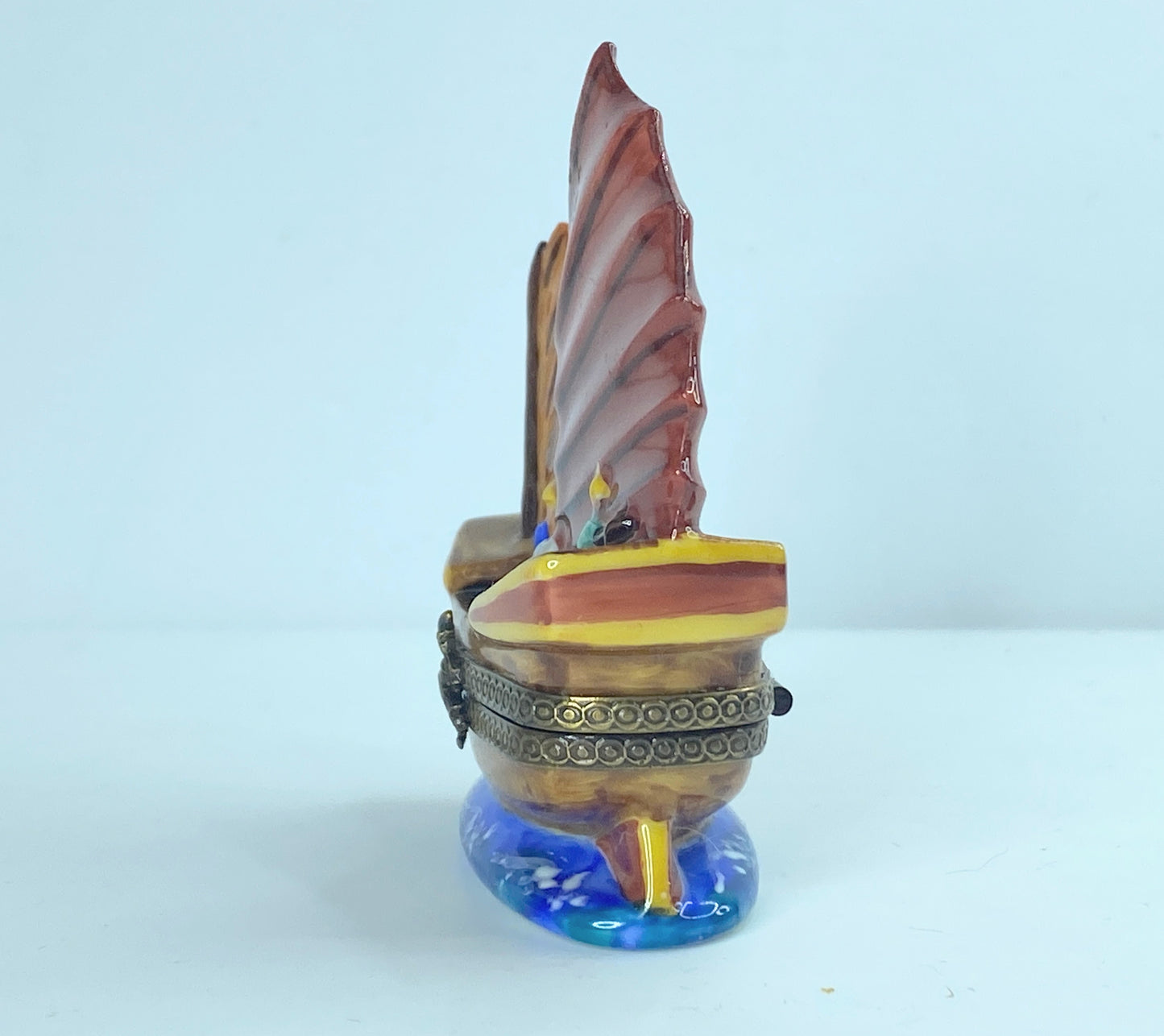 Chanille Limoges Peint Main Trinket Box Chinese Junk Ship #33 2 5/8" A354