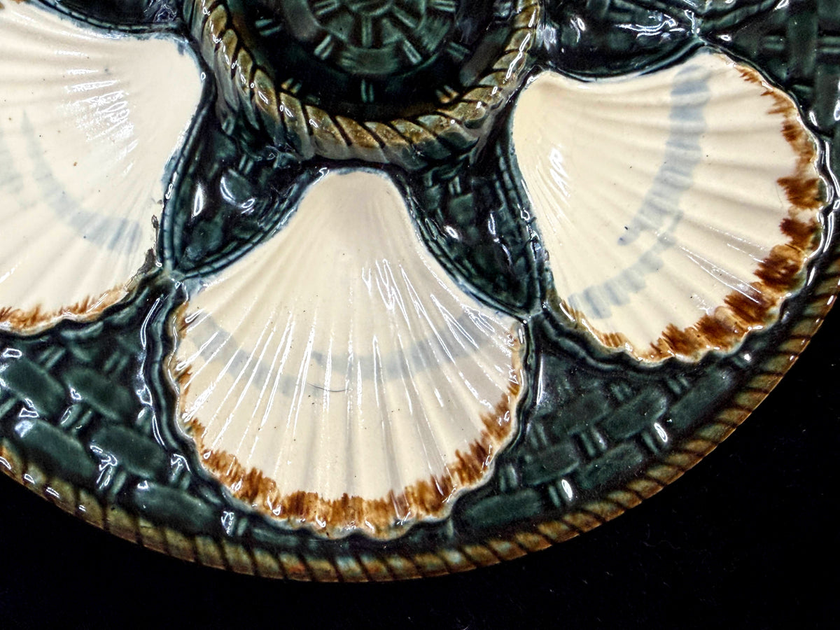Saint Clement French Majolica Green Basketweave Oyster Plate A1258
