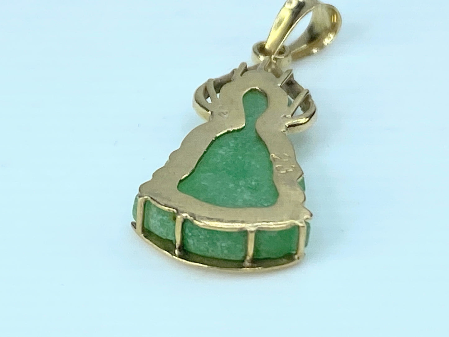 c1960 Jadeite Jade  Guan Yin deity custom 14K gold pendant 1.9g JR9745