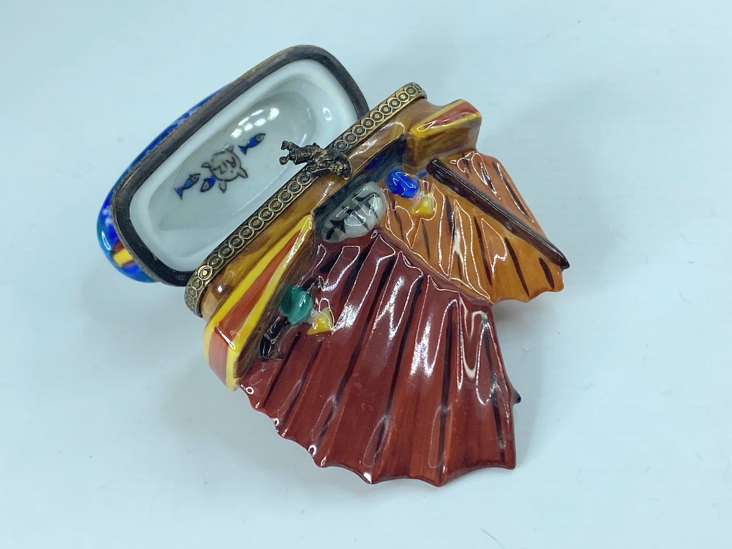 Chanille Limoges Peint Main Trinket Box Chinese Junk Ship #33 2 5/8" A354