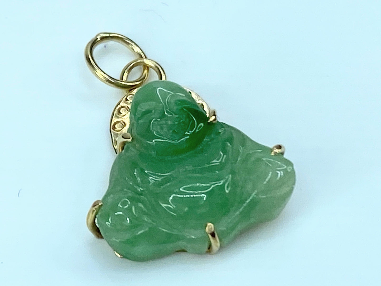 14K yellow gold Jadeite jade carved Buddha charm pendant 2.5g JR9752