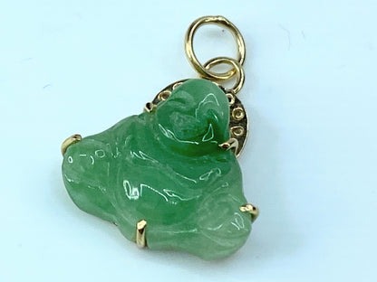 14K yellow gold Jadeite jade carved Buddha charm pendant 2.5g JR9752