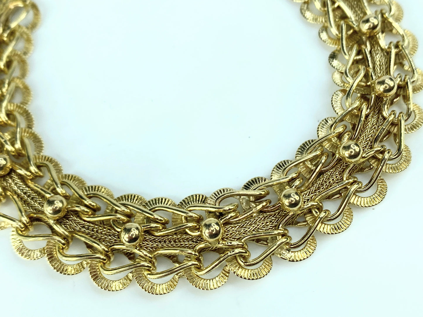 Mid Century 14K gold 16.8mm Fancy etched link bracelet 33.2g 8" JR9595