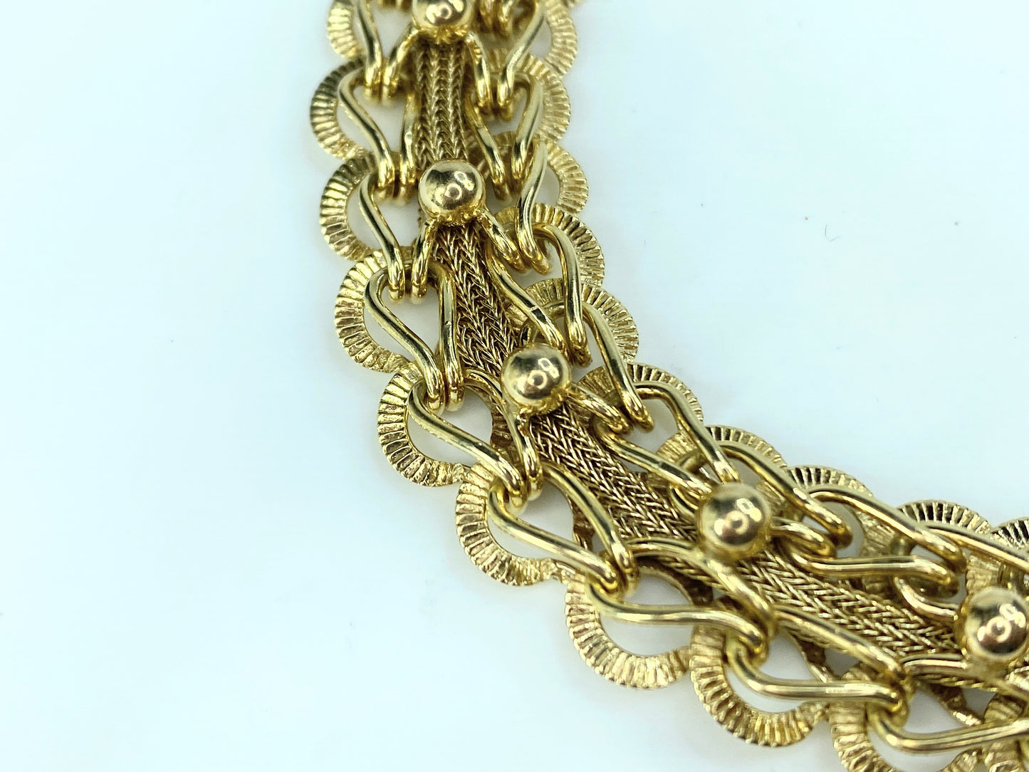 Mid Century 14K gold 16.8mm Fancy etched link bracelet 33.2g 8" JR9595