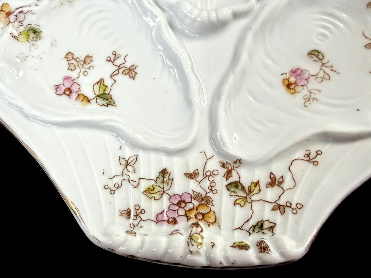 Antique c1890 Floral 5-Well Porcelain Oyster Plate Shell Form design 8" A1260