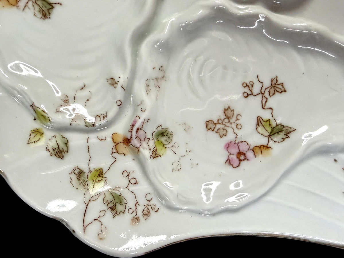 Antique c1890 Floral 5-Well Porcelain Oyster Plate Shell Form design 8" A1260
