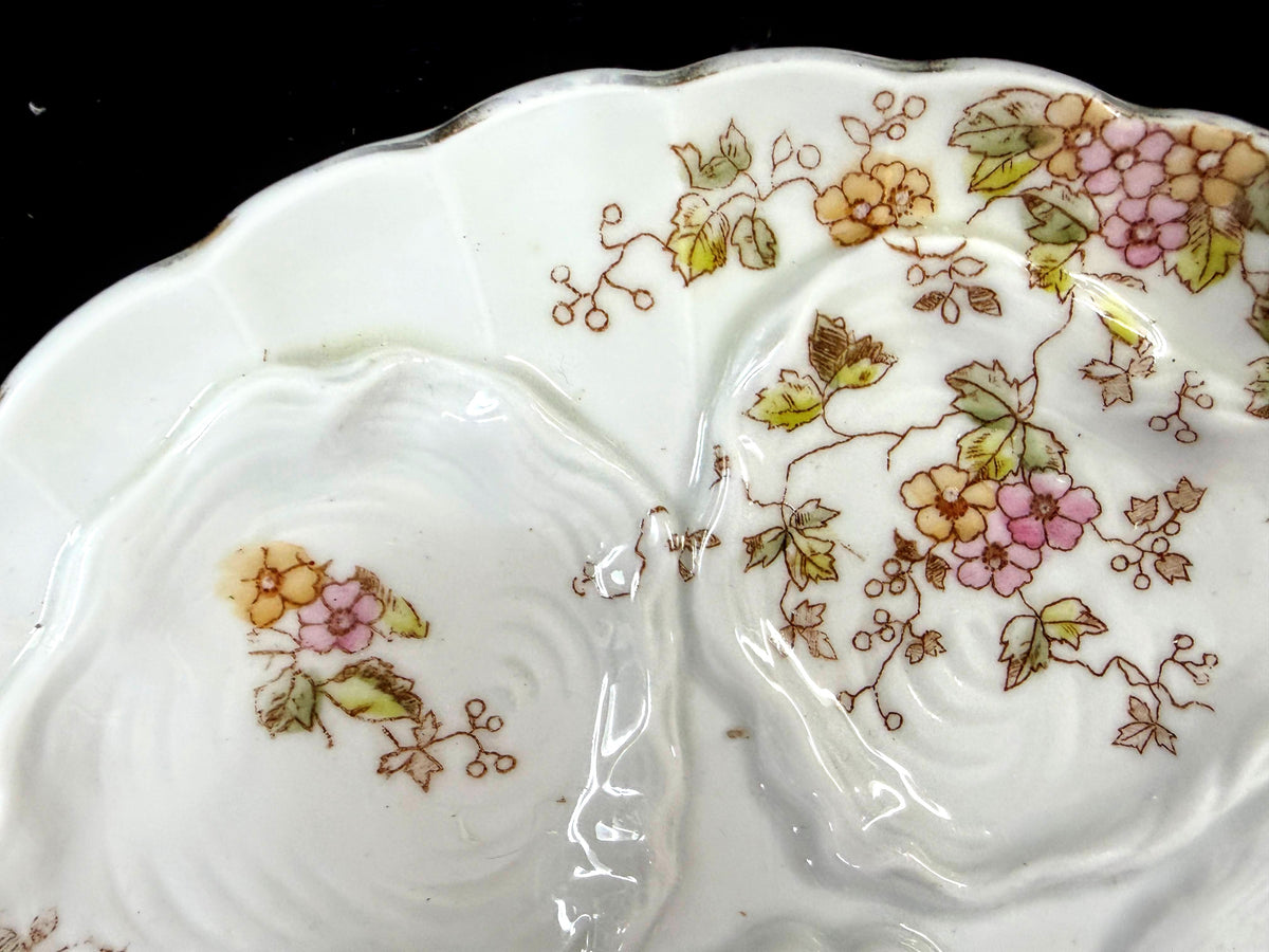 Antique c1890 Floral 5-Well Porcelain Oyster Plate Shell Form design 8" A1260