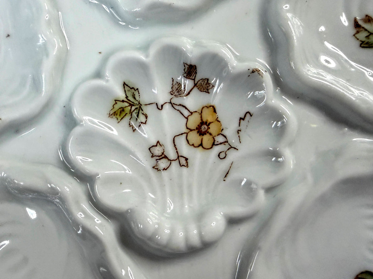 Antique c1890 Floral 5-Well Porcelain Oyster Plate Shell Form design 8" A1260