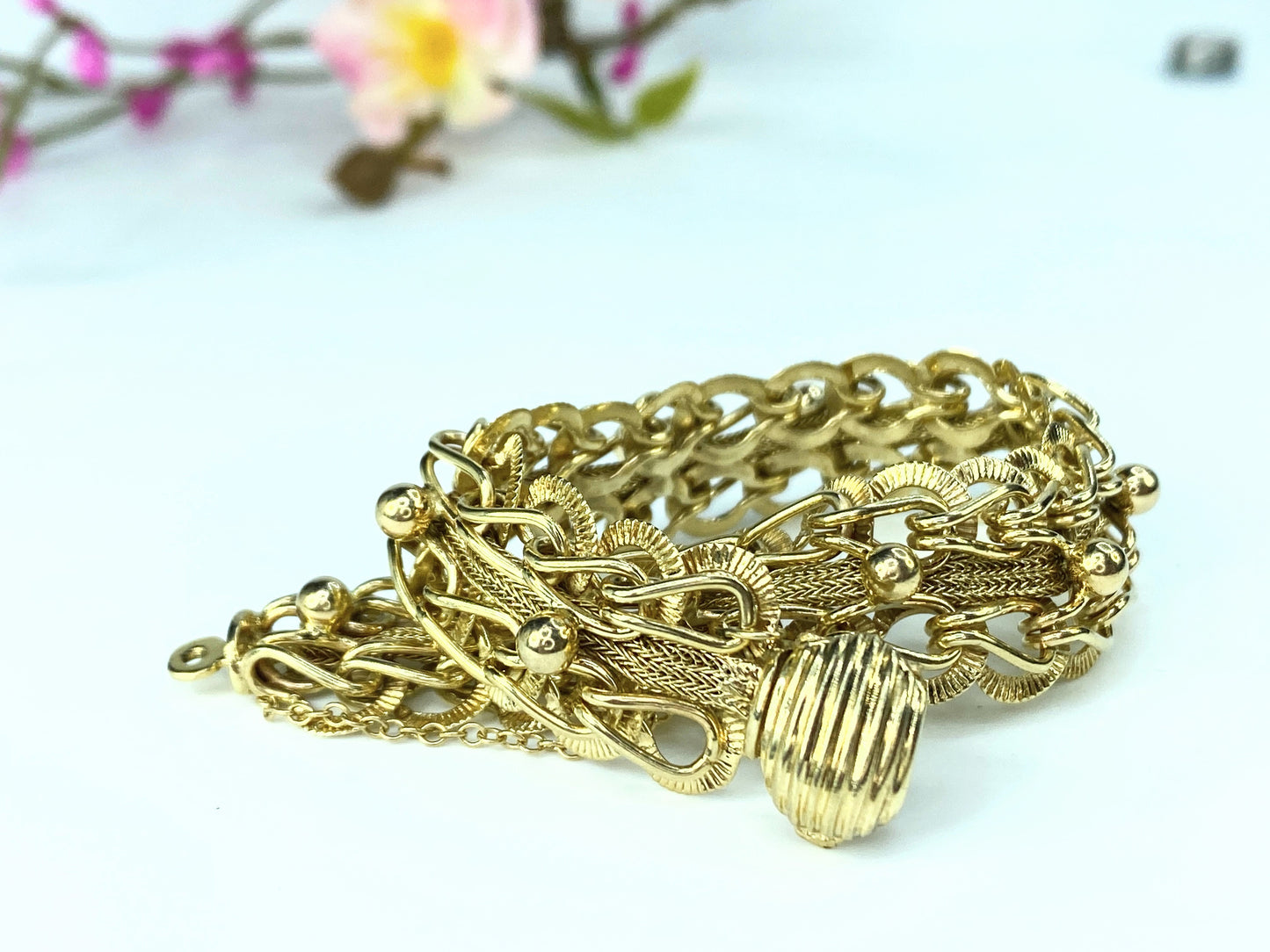 Mid Century 14K gold 16.8mm Fancy etched link bracelet 33.2g 8" JR9595